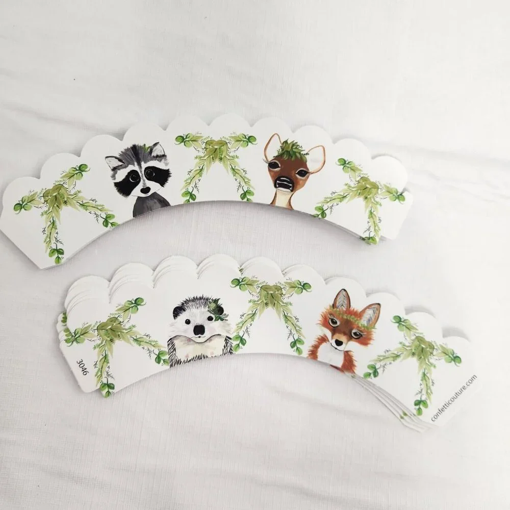 Cupcake Wrapper Skirts Woodland Creatures Reversible 35 Count Racoon Deer Fox